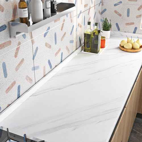Livelynine Carrara White Marble Contact Paper Peel and Stick Countertops for Kitchen Decorations White Marble Wallpaper Self Adhesive Countertop Covering Bathroom Walls Counter Top Vinyl 15.8x78.8