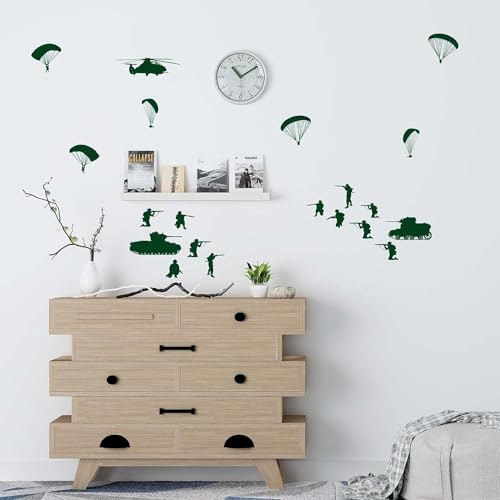 PLIGREAT 20 Pcs Parachutes Tanks Soldiers Wall Stickers, Peel and Stick Wall Decals, DIY Art Decor Removable Vinyl Military Green Walls Stickers for Living Room Bedroom Paly Room Home Decorations