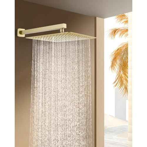 12 Inch Brushed Gold Rain Shower Head with Extension Arm, Rainfall Square Showerhead with 16 Inch Shower Arm All Stainless Steel, 144 Outlets Waterfall Full Body Coverage