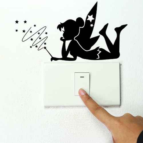 Tinkerbell Lightswitch Vinyl Decal Sticker, 4 Pack Fairy Sticker for Light Switch, Outlets or Any Ledge, Removable Cute DIY Mural Wallpaper Wall Laptop Computer Vehicle Bedrooms or Nursery (Black)