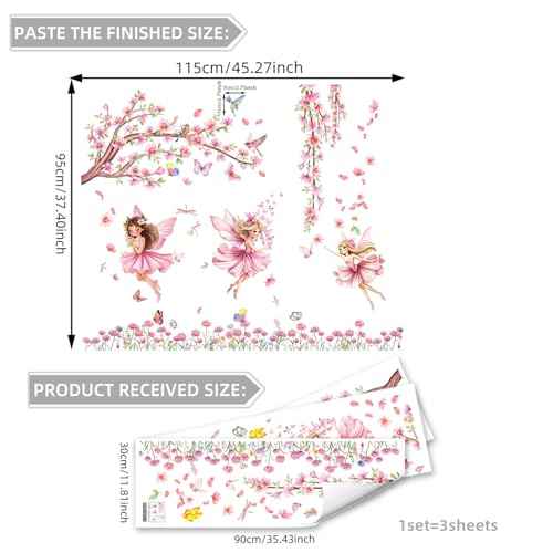 Pink Fairy Garden Wall Decals with Cherry Blossom Tree Floral Wall Stickers Peel and Stick Butterflies Birds DIY Wall Art for Girls Bedroom Baby Nursery Kids Room