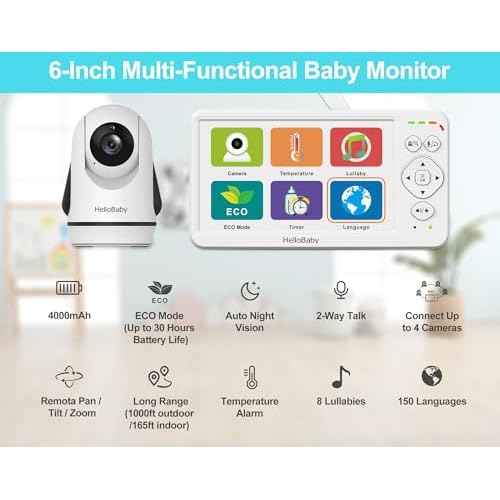 HelloBaby Baby Monitor with Camera and Audio, Large 6'' Video Baby Monitor No WiFi,30-Hour Long Battery, 320¡Æ Pan-Tilt Camera with 2X Zoom, Night Vision, 2-Way Talk,ECO,1000ft, Portable, 150 Languages