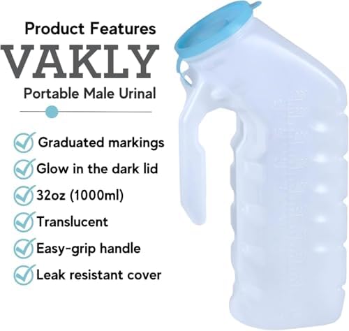 Vakly Male Urinal with Glow in The Dark Spill Proof Cover [32oz -1000ml ] Portable Pee/Urine Container Bottles for Men Used for Car, Hospitals, Incontinence, Emergency and Travel (6)