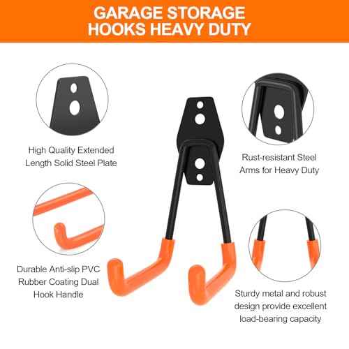 12 Pack Garage Hooks Heavy Duty, Wall Mount Utility Hooks with Extension Cord Straps, Anti-Slip Coating for Bike, Ladder, Hose, Ropes, Garage Organization, Includes Screws