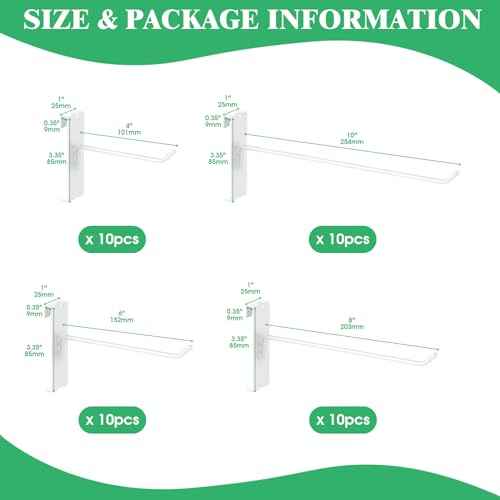 40Pcs 4" 6" 8" 10" Gridwall Display Hooks Assortment Set, White Metal Grid Wall Panel Hanging Display Hook for Garage Shop Retail Storage, Wire Diameter 5mm// 0.2¡°