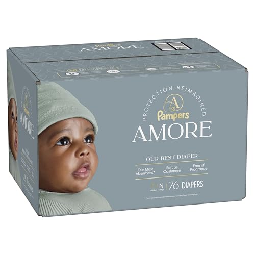 Pampers Amore, Size 0 (up to 10 lbs), 76 Count, Our Best Diaper – Hypoallergenic & Fragrance Free, Up to 100% Leakproof, Soft as Cashmere
