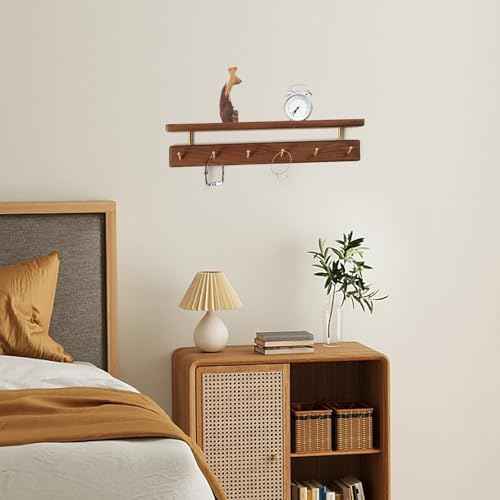 Solid Wood Shelf with Hooks, 19 inch Coat Rack Wall Mount, Shelves with 6 Brass Hooks for Hanging in Entryway, Living Room, Bathroom, Bedroom, Kitchen(Walnut)
