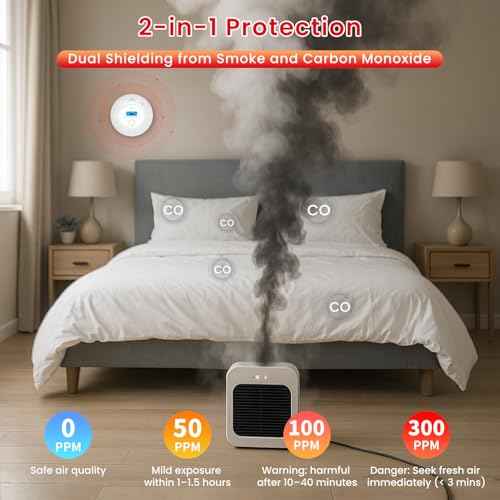 2-in-1 Smoke and Carbon Monoxide Detector Alarm, with Voice Alert,10-Year Battery Fire & CO Alarm with Large LCD Display, Easy Install with Adhesive or Screws
