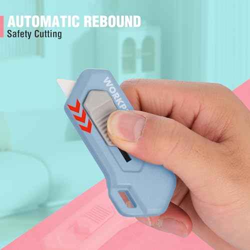 WORKPRO 8PCS Ceramic Small Safety Box Cutter, Automatic Rebound Mini Letter Opener, Quick Change Retractable Blade Razor Knife, with Extra Blades