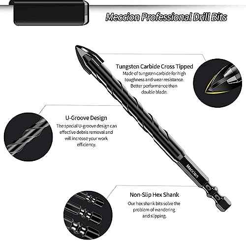 Meccion Masonry Drill Bits 1/8" x 3.6" x 5Pcs Professional Tungsten Cross Tip Multi-Material Drill Bits for Tile/Ceramic/Glass/Porcelain/Concrete/Cement/Wood/Plastic