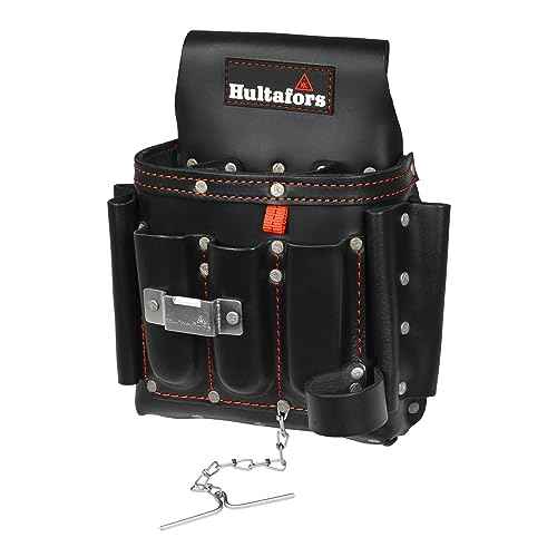 Hultafors Work Gear HT5421 Electrician's Premium Leather Tool Pouch, Molded Front Pockets, Tape Chain, Metal Tool Clip, Leather Hammer Loop