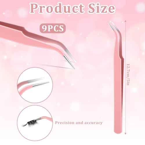 9 Pcs Precision Tweezers, Stainless Steel Craft Tweezers for Crafting, Curved Tweezer Multipurpose Pointed Long Tweezer for Crafting DIY Bead Jewelry Making, Scrapbooking, Crafts, Nail Art (Pink)