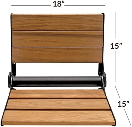 Home Aesthetics 18" ADA Compliant Wall-Mounted Folding Serena Teak Wood Shower Bench Seat with Matte Black Frame, Clear Coated for Extra Protection