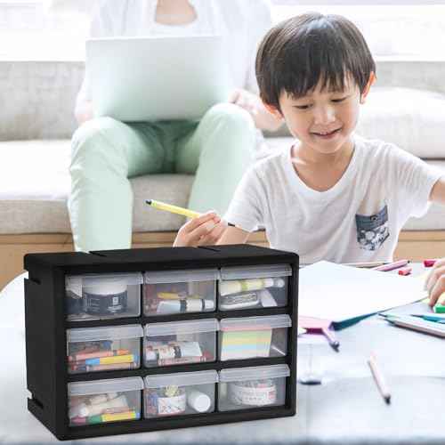 9-Drawer Plastic Parts Storage Cabinet, Drawer Part Organizer, Black