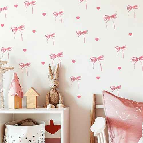 12 Sheets Bow Wall Stickers Peel and Stick Coquette Pink Bow Heart Decals for Room Nursery Boho Bedroom Dresser Playroom Living Room Windows Aesthetic Waterproof Wallpaper for Christmas Room Decor