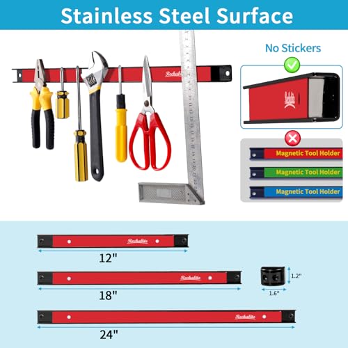 4 Pieces 18" Magnetic Tool Holder Strip, Red Magnet Bar, Metal Tool Organizer Rack for Garage Organization, Easy To Install in Workshop, Mounting Screws Included