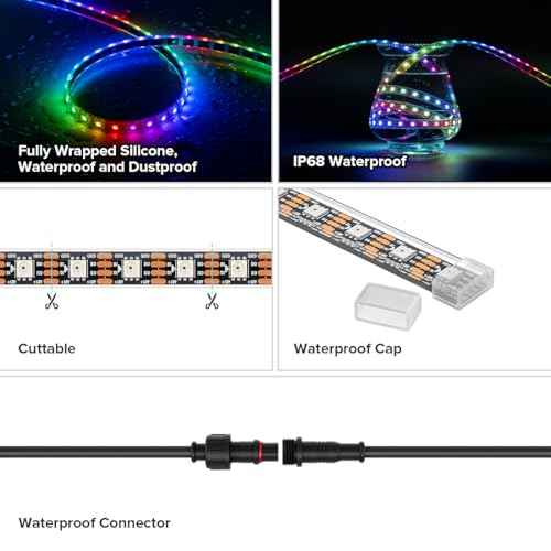 BTF-LIGHTING IP68 Waterproof Outdoor WS2815(Upgraded WS2812B) RGB LED Strip Individually Addressable 5050SMD Dual Signal DC12V 16.4ft 300Pixel Can Work Under Water Black PCB(No Adapter or Controller)