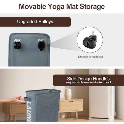 Yoga Mat Storage Rack, Home Gym Corner Storage Organizer with Wheels, Workout Equipment Holder with Side Pocket for Men & Women Gray & Begie