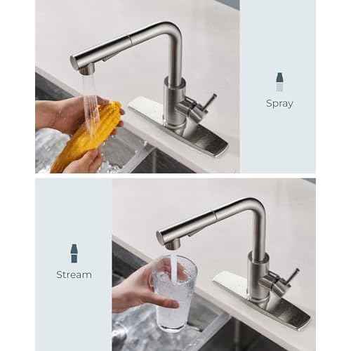 FORIOUS Kitchen Faucet with Soap Dispenser, Brushed Nickel Stainless Steel Sink Faucet with Pull Out Sprayer Modern Single Handle Suitable for Bar RV Farhouse Laundry Outdoor