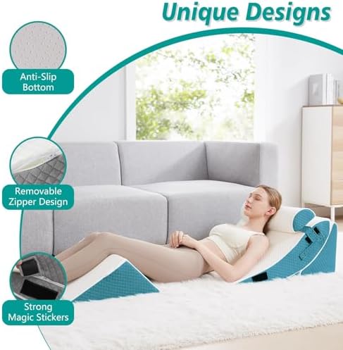 Orthopedic Bed Wedge Pillow Set for Sleeping 4 PCS - Adjustable Triangle Pillow for Neck Leg Support with Washable Cover - 35D Foam Wedge Pillow Post Surgery for GERD & Snoring (White Blue)