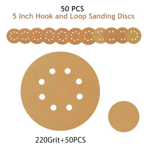 5 Inch 8 Hole Sanding Discs Hook and Loop, 50 PCS 220 Grit Sand Paper Disc for Random Orbital Sander, Gold Sandpaper Pads for Automotive and Woodworking