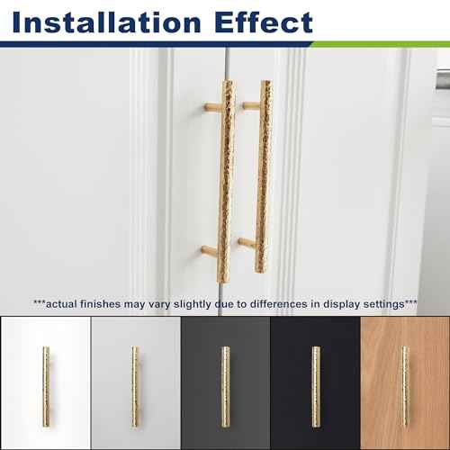 6-Pack Solid Brass Kitchen Cabinet Pulls, Gold Modern T-Bar Handles, 6-5/16-Inch Hole Center Hammered Handles for Dresser Drawer Cupboard, 8-1/8 Inch Total Length, Polished Finish
