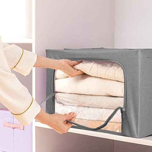 Stackable Clothes Storage Box for Clothing Gadgets,Steel Frame Storage Bins for Toys Gift,Foldable Oxford Fabric Closet Organizer Bag Set with Carry Handles Clear Window (Large- 66L x3 Pack, Grey)