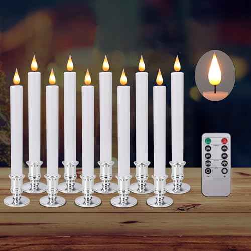 LED Flameless Window Candles with Remote Timer Sliver Base 10 PCS Battery Operated Flickering Taper Candle Lights with Removable Candle Holders Best Gift for Xmas Wedding Home Dinner D?cor