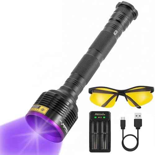 ALONEFIRE SV44 20W 365nm UV Flashlight USB Rechargeable Ultraviolet Black Light Pet Urine Detector for Resin Curing, Fishing, Scorpion, Dry Glue with UV Protective Glasses, Battery Included, Charger