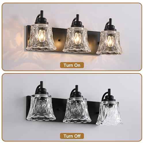 Bathroom Light Fixtures, 3 Lights Black Vanity Lights for Bathroom, Matte Black Antique Finish with Crystal Glass Shade, Farmhouse Lighting Fixtures Over Mirror for Bedroom, Living Room