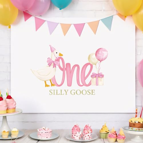 One Silly Goose Party Decal Sign Pink First Birthday Wall Sticker Pink Bow Goose Sweet Party Backdrop Photo Prop for 1st Girl Birthday Balloon Arch