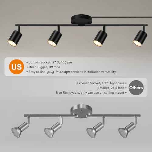 Plug in Track Lighting, LED Track Lighting Fixtures Ceiling, Black 4-Light Kitchen Light Kit, Plug in Wall Light with 14.8ft Power Cord, Rotatable Ceiling Spotlight for Bedroom(GU10 Socket, NO Bulb)