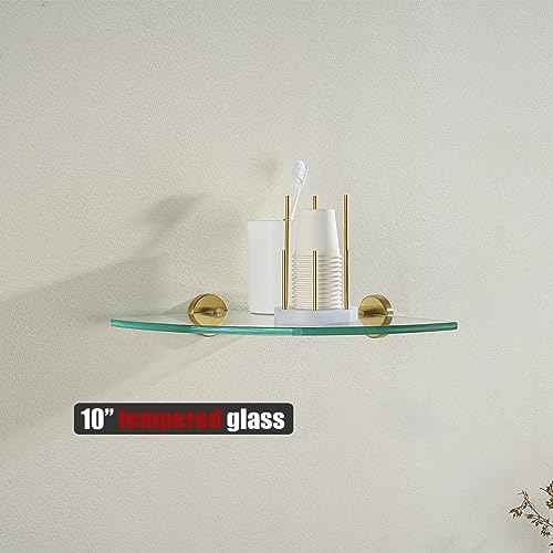 JQK Corner Glass Shelf, Brushed Gold Bathroom 304 Stainless Steel Shower Triangle Floating Wall Shelf, 10 x 10 Tempered Glass, 3 Pack, TGS190L10-BG-P3