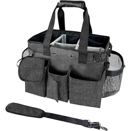 Large Cleaning Caddy Bag, Wearable Cleaning Supplies Organizer with Shoulder and Waist Straps, Multiple Compartments Organizer Tote with Detachable Divider for Cleaners (Black)