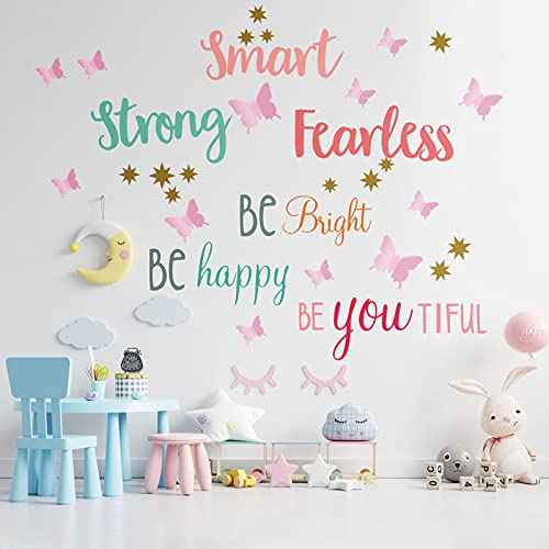 Chinco 20 Sheets Inspirational Quotes Wall Decals Stickers for Girls,12 Sheets Pink Pastel 3D Butterfly,Smart Strong Fearless,Be Bright Happy,Be You Tiful Sayings Art Stickers for Bedroom Living Room