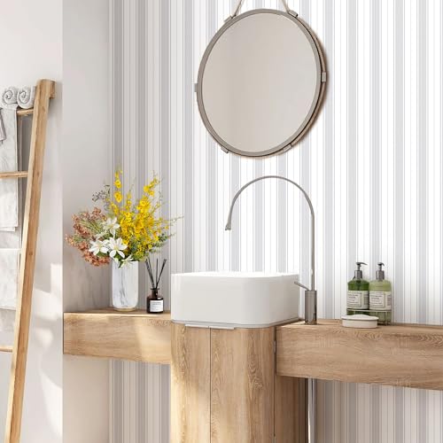 Gray and White Peel and Stick Wallpaper Modern Boho Contact Paper Cabinet Grey Stripe Removable Waterproof Wallpaper Bathroom Bedroom Self Adhesive Line Farmhouse Contact Paper 17.3inW 78.7inL