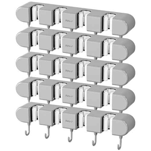 5PCS 4 Racks and 5 Hook Broom Mop Holder with Hooks Wall Mounted Broom Storage Rack No Drilling Self-Adhesive Mop Broom Organizer Mop Holder Hanger for Bathroom Office Kitchen Closet Garage