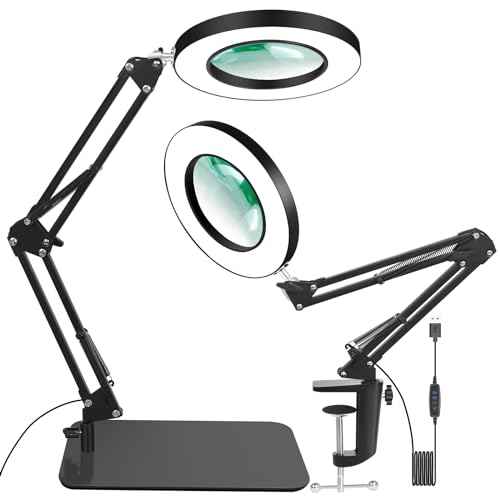 Lighted Magnifying Glass with Light and Stand, 12X Magnifier with Light Hands Free, 5 Color Modes LED Work Lighted, 2-in-1 Magnifying Lamp for Reading Craft Hobby Painting Sewing Close Work