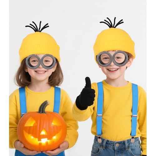 Halloween Costume Accessories Adults Kids, Yellow Beanie hat/Goggles/Gloves/Suspenders for Halloween Cosplay Party Set, Funny Halloween Costumes for Women Men 2025