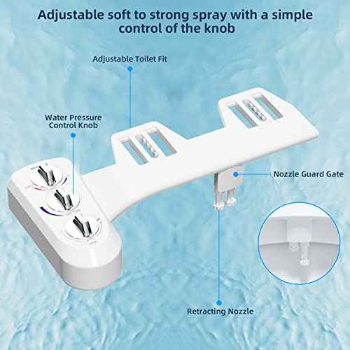 Hibbent Bidet Attachment for Toilet, Self Cleaning Dual Nozzle, Hot & Cold Water Spray Non-Electric Mechanical Bidet Toilet Seat for Rear or Female Washing Sanitizing, Adjustable Water Pressure, White