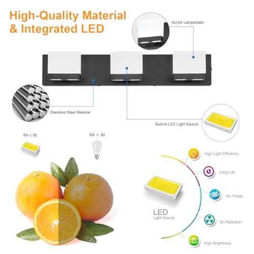 SineRise LED Modern Bathroom Vanity Light Fixtures (3-Light, 24-Inch,6000K), Matte Black Modern Acrylic Bathroom Wall Lighting Fixtures Over Mirror