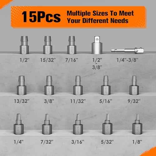 15-Piece Screw Extractor Set, 3/8" Inch Drive Multi-Spline Easy Out Bolt Extractor Kit, Hex Head Stripped Screw Remover Tool for Removing Broken, Rusted, and Stripped Bolts and Screws