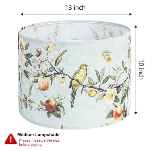 Drum Lamp Shades Set of 2, 13x13x10in Fabric Lamp Shade, Lampshade with Floral and Bird Print, Lamp Shades for Table Lamps, Support Spider and E26 Base