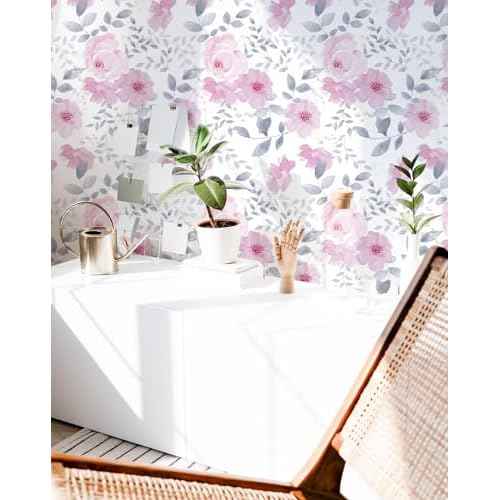 Cohoo Home Floral Contact Paper Peel and Stick Wallpaper Floral Flower Pink Contact Paper for Cabinet Self-Adhesive Removable Wallpaper Watercolor Kids Nursery Bedroom Waterproof 17.3inW 78.7inL