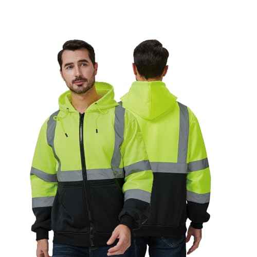 High Visibility Safety Hoodie, Reflective Workwear Sweatshirt, Neon Yellow and Black, Zip-Up