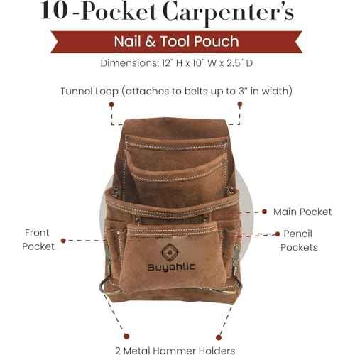 Buyohlic Heavy-Duty Suede Carpenter's Tool & Nail Bag ? 10-Pocket Construction Pouch, Dark Tan