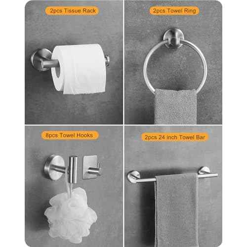 14-Piece Bathroom Hardware Set Premium Brushed Stainless Steel Towel Bar Set - 2 Towel Bars, 2 Toilet Paper Holders, 2 Towel Rings, 8 Hooks