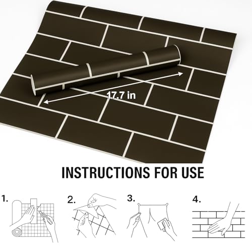 Black Brick Peel and Stick Wallpaper Waterproof Self Adhesive Removable Vinyl Wall Covering with White Grout Lines for Kitchen Backsplash Bedroom Home Decor (17.7 x 118 Inch)