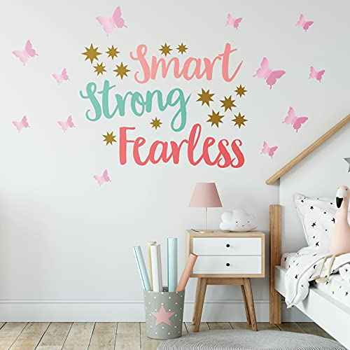 Chinco 20 Sheets Inspirational Quotes Wall Decals Stickers for Girls,12 Sheets Pink Pastel 3D Butterfly,Smart Strong Fearless,Be Bright Happy,Be You Tiful Sayings Art Stickers for Bedroom Living Room