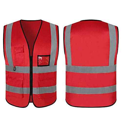 5 Pack Reflective Safety Vest for Women, Men High Visibility Reflective Vest with 5 Pockets Neon Red